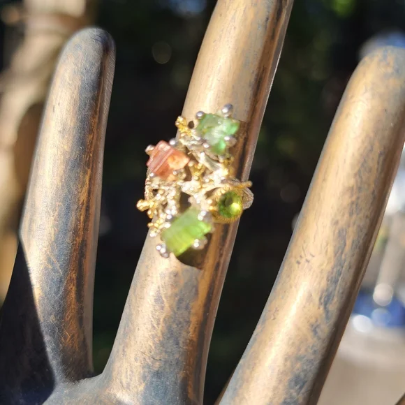Turmulene green ocean & watermelon 🍉 w/Peridot sterling & gold ring sz6.5 - Picture 5 of 11